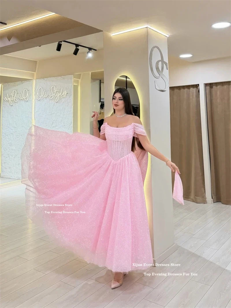 Xijun Glitter Pink Evening Dresses Off The Shoulder A-Line Ankle Length Prom Dresses Formal Ankle Length Prom Gowns Customized