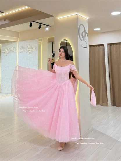 Xijun Glitter Pink Evening Dresses Off The Shoulder A-Line Ankle Length Prom Dresses Formal Ankle Length Prom Gowns Customized
