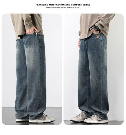 Spring Autumn New Men's Straight Vintage Fit Jeans Casual Trousers High Quality Male Korean Fashion Baggy Wide Leg Denim Pants