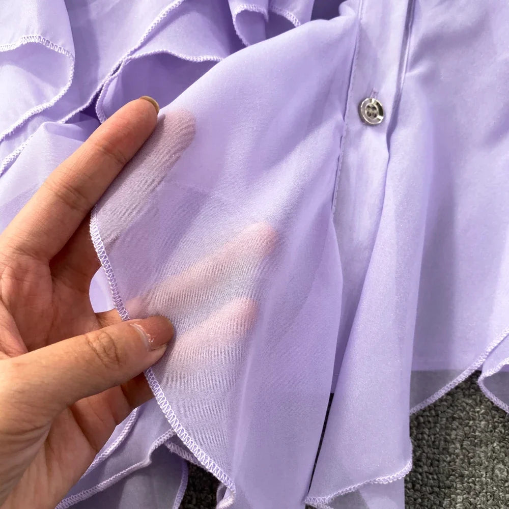 Autumn Blouse for Women Fashion O-neck Long Puff Sleeve Flounced Edge Shirts French Chic Versatile Female Tops Dropshipping