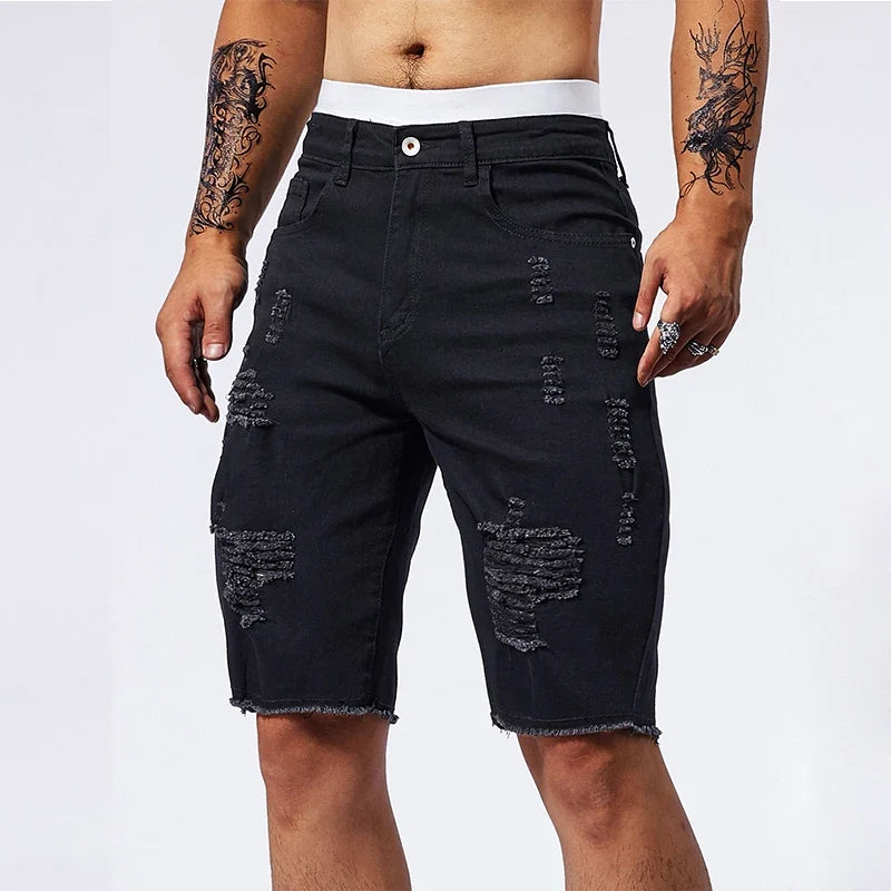 Vintage Denim Shorts Men's American Stretch Slim Jeans Fashion Ripped Streetwear Male Hole Frayed Short Pants Blue Black