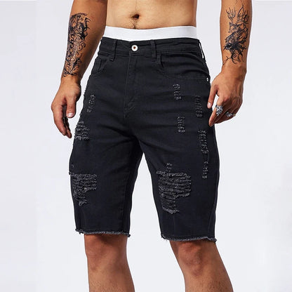 Vintage Denim Shorts Men's American Stretch Slim Jeans Fashion Ripped Streetwear Male Hole Frayed Short Pants Blue Black