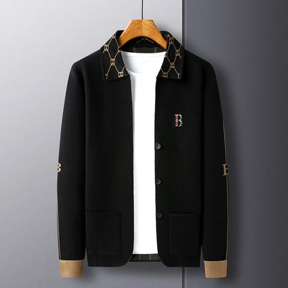 Luxury Brand Men's Autumn Winter Lapel Embroidered Sweater Coat Fashionable Business Three-dimensional Pocket Warm Knitted Jacke