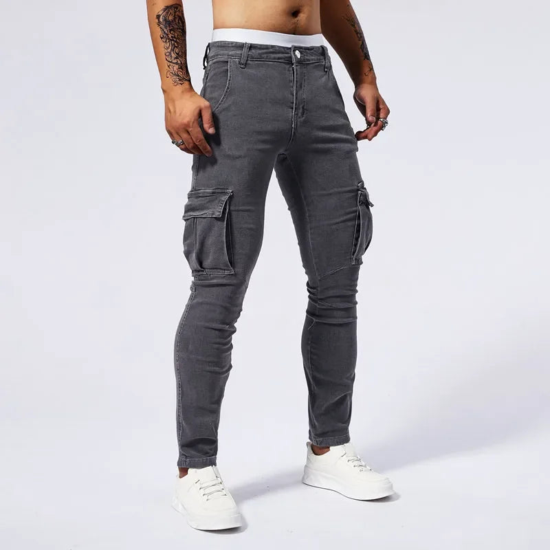 Slim Fit Large Pocket Jeans Cargo Pants for Men Fashionable Casual Hip Hop Stretch Denim Long Pants Male Streetwear Track Pants