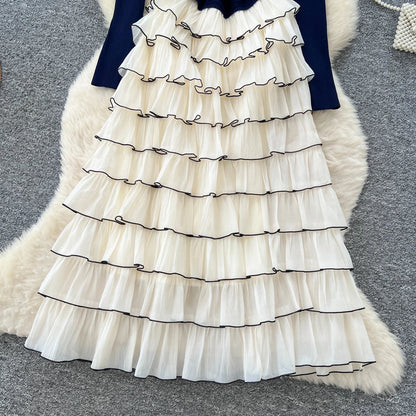Autumn 3D Floral Spliced Long Dress 2025 Female O Neck Long Sleeves High Quality Slim Luxury Knitted Party Cake Dress