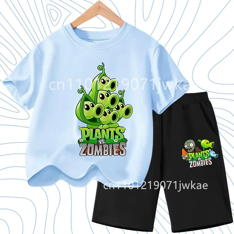 Children's Plants Vs. Zombies Short-Sleeved T-Shirt Set Cotton Summer Fashion Comfortable Top+pants for Boys and Girls