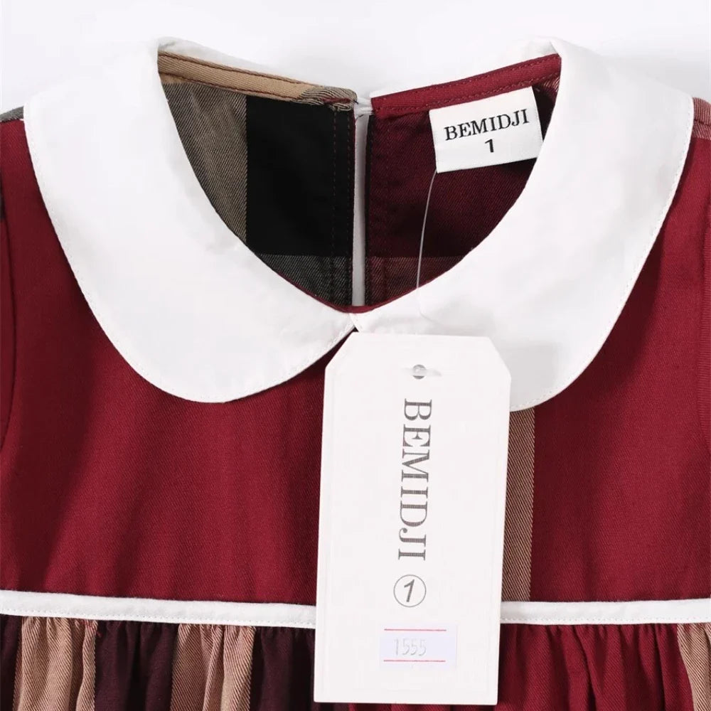 Summer Short Sleeves Kids Girl's Dress Long Sleeves Retro Style Red Plaid Striped Doll Collar Princess Doll Dresses Kids Clothes