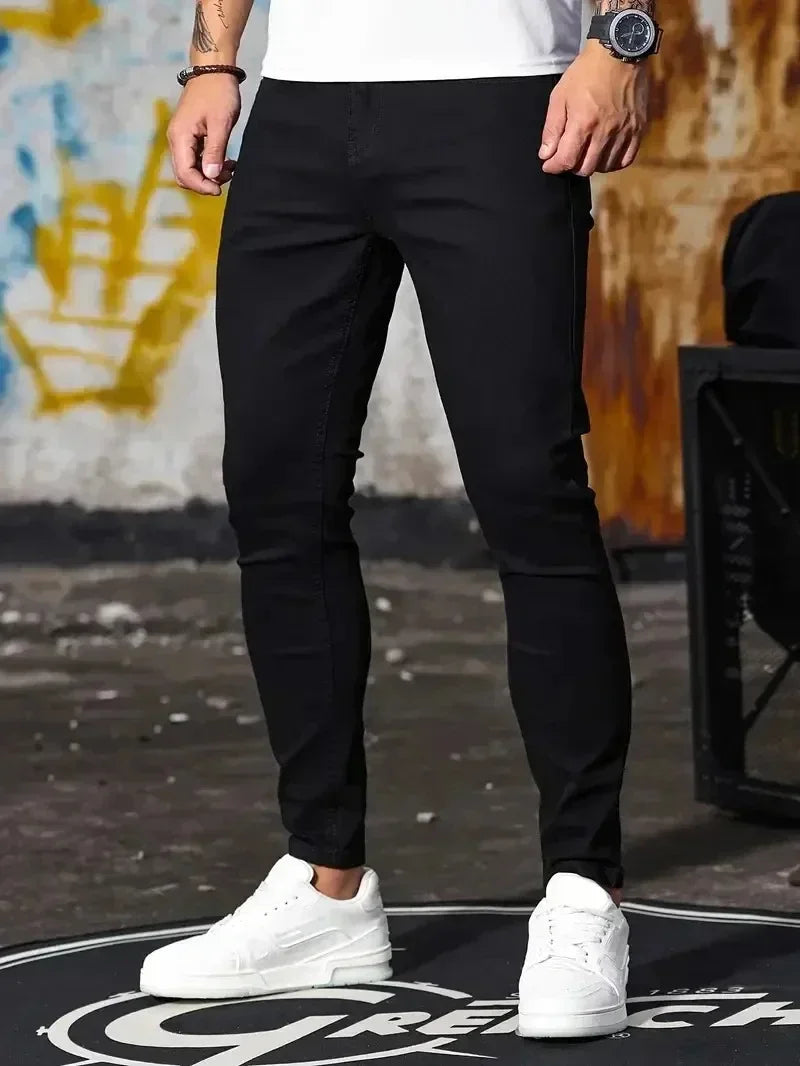 Men Jeans Stretch Skinny Denim Pants Solid Color Black Blue Spring Luxury Street Harajuku Hip-Hop Style Slim Fit Trousers Brand