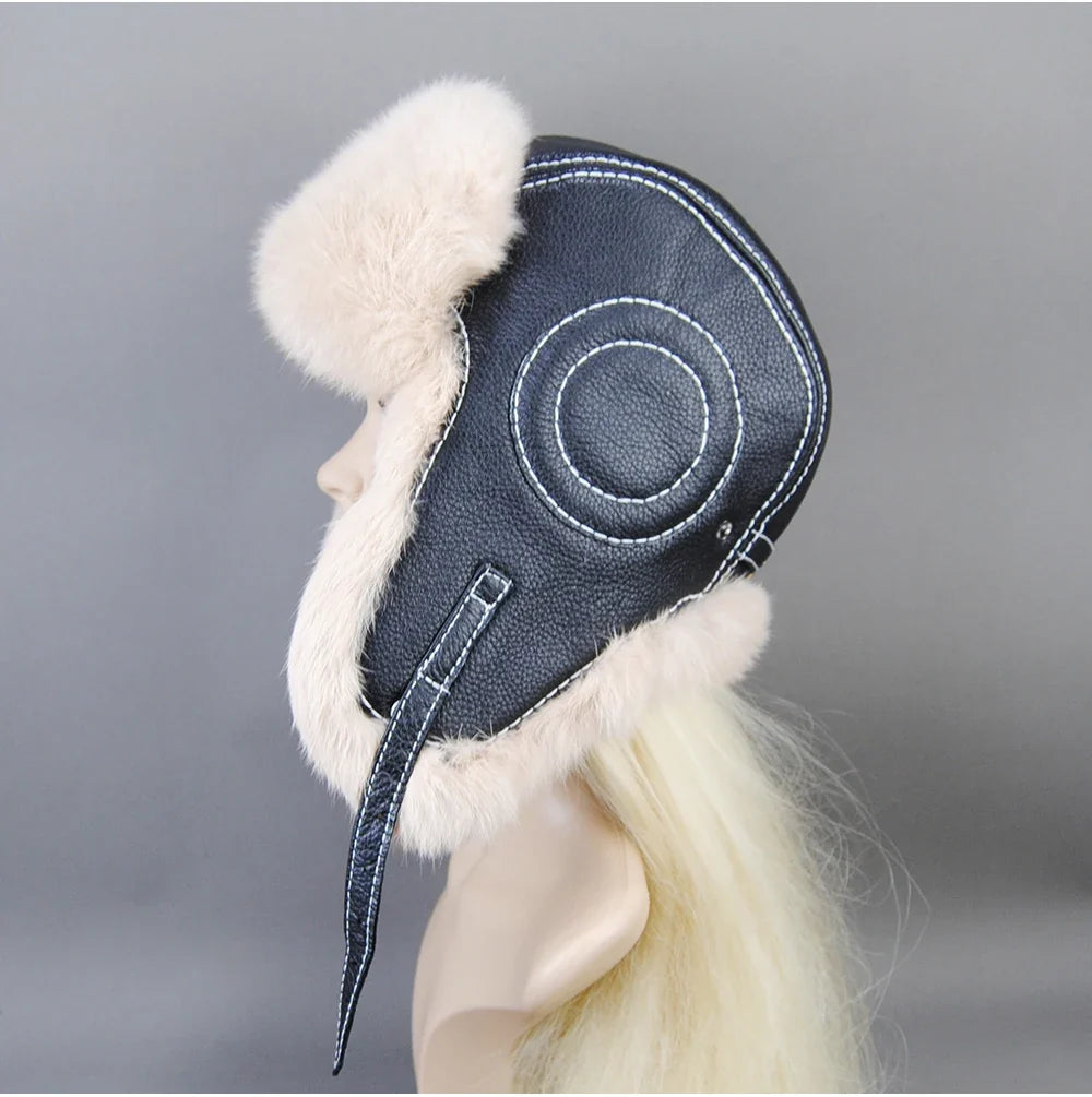 Hot Sale Winter Women's 100% Real Rabbit Fur Bomber Hat Ushanka Cap Trapper Russian Woman Ski Hats Caps Real Sheepskin Leather