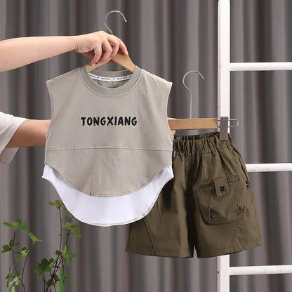 Summer Cartoon Print Baby Boys Girls Cotton Sport Letter Vest Shorts Set Toddler Kids Casual Tracksuit Infant Clothing Set