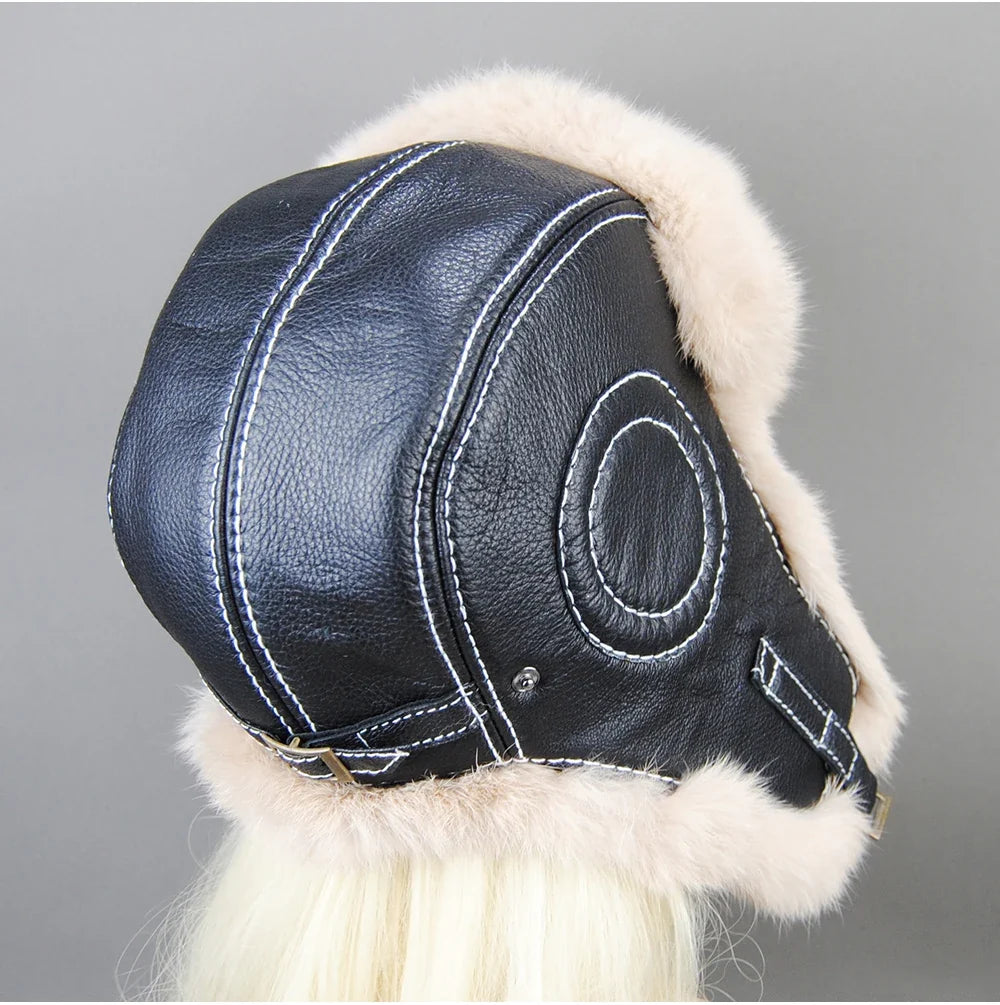 Hot Sale Winter Women's 100% Real Rabbit Fur Bomber Hat Ushanka Cap Trapper Russian Woman Ski Hats Caps Real Sheepskin Leather