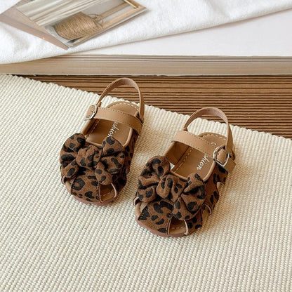Summer 2026 Girls Sandals Baby Girl Shoes Fashion Leopard Print Soft Bottom Cute Bow Girls Princess Sandals