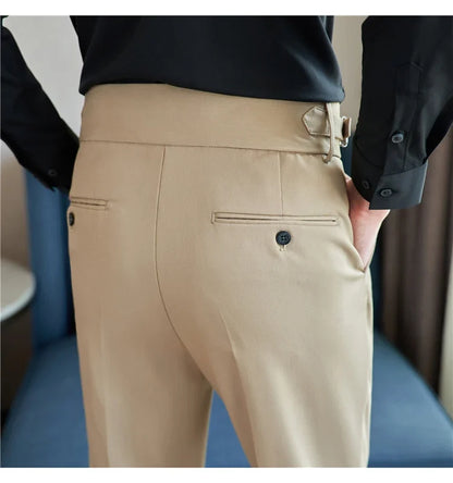British Style Autumn New High Waist Trousers Men Belt Design Slim Fit Suit Pants Office Social Wedding Party Formal Pants Hommes