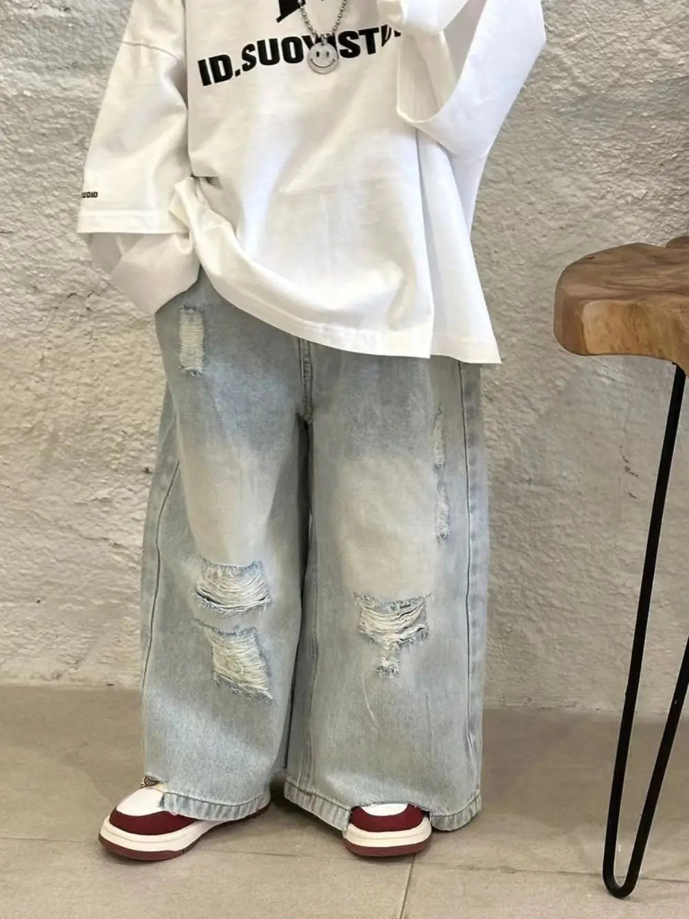 2-9 Yrs Baby Boys Spring and Autumn Korean New Children's White Loose Two Sleeve T-shirt+Hole Jeans Set Boy Outfits Kids Clothes