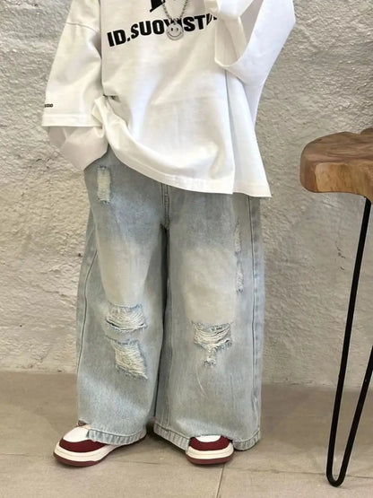 2-9 Yrs Baby Boys Spring and Autumn Korean New Children's White Loose Two Sleeve T-shirt+Hole Jeans Set Boy Outfits Kids Clothes