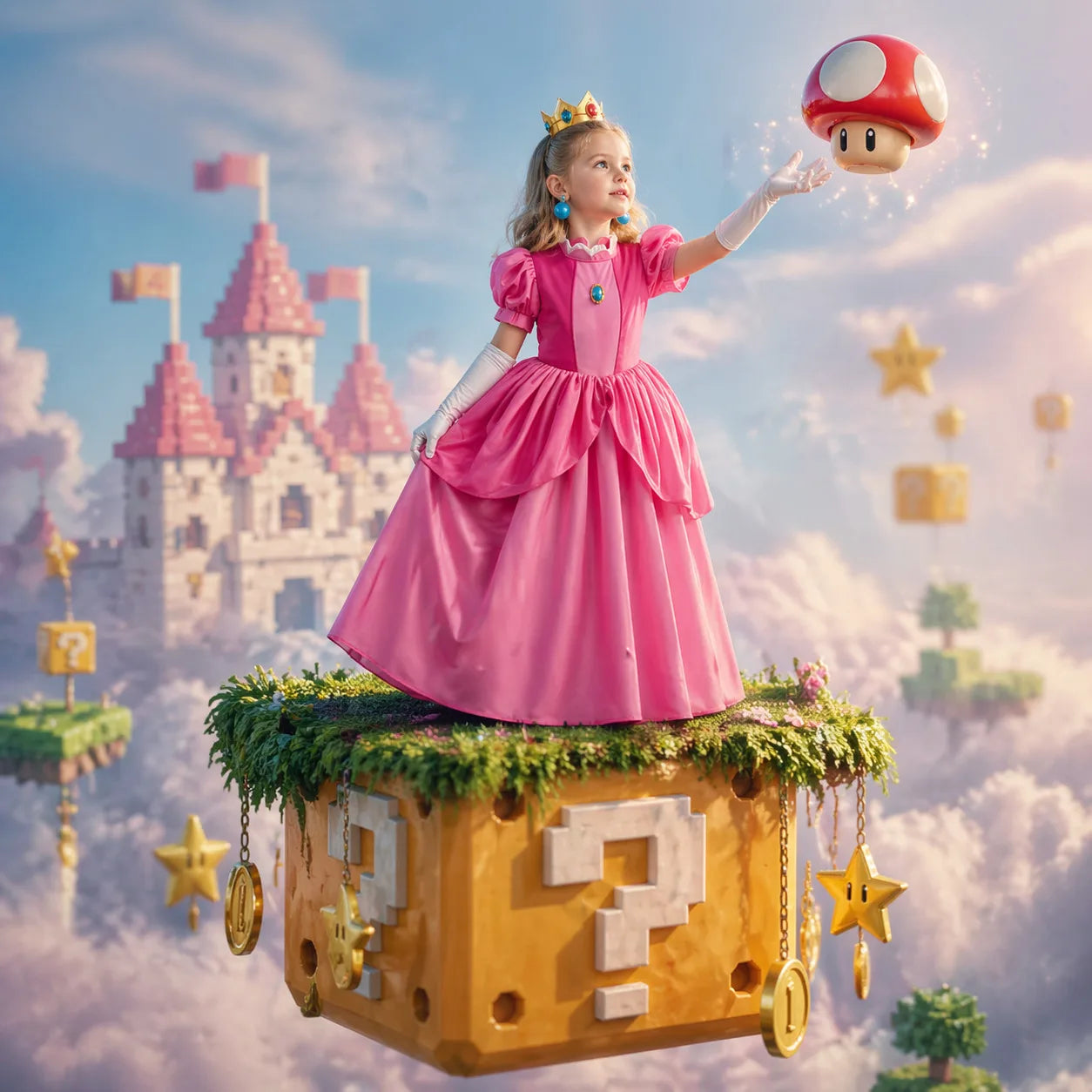 Princess Peach Style Dress Up Costume Set for Little Girls Birthday Carnival Party Role Play Outfit Kids 2-8Y Birthday Gifts