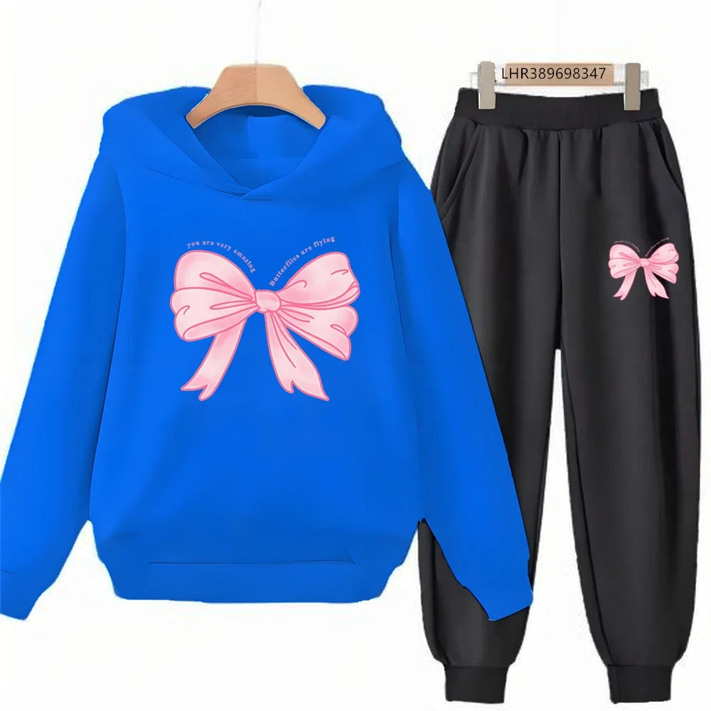 Fashion Kids Clothes Bow Print Children Hoodie 3-12 Years Boys Girls Red Pink Casual Tops+Pants Sets Long Sleeves Autumn