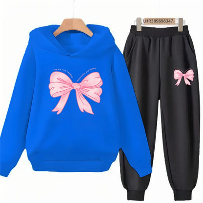 Fashion Kids Clothes Bow Print Children Hoodie 3-12 Years Boys Girls Red Pink Casual Tops+Pants Sets Long Sleeves Autumn