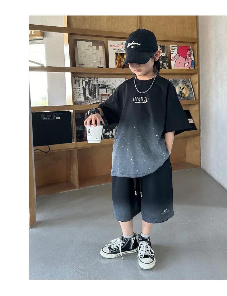 Summer Boys Cotton Leisure Star Print Gradient T-Shirt Top+Shorts Workout Set School Kids 2PCS Tracksuit Children Outfit 5-16 Yr