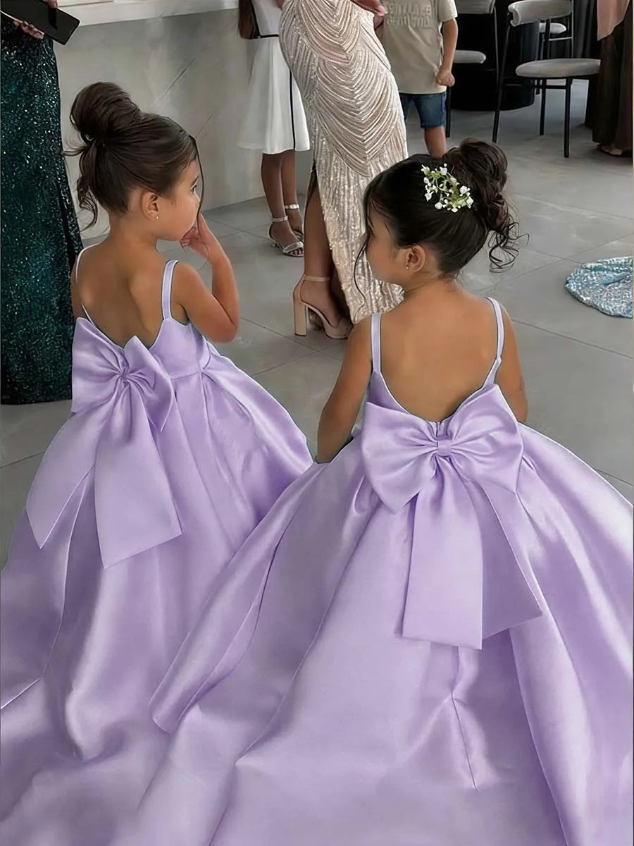 White Flower Girl Dress With Bow Strap Mini Bridal Wedding Dress Kids Ball Gown 1st Communion Frock Customized Vestidos De Noiva