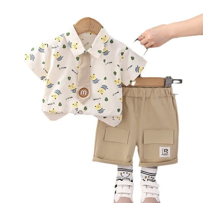 Summer Baby Boys Clothes Suit Children Casual Cartoon Bear Tie Shirt Shorts 2Pcs/Sets Kids Outfits Toddler Costume Clothing 1-5y
