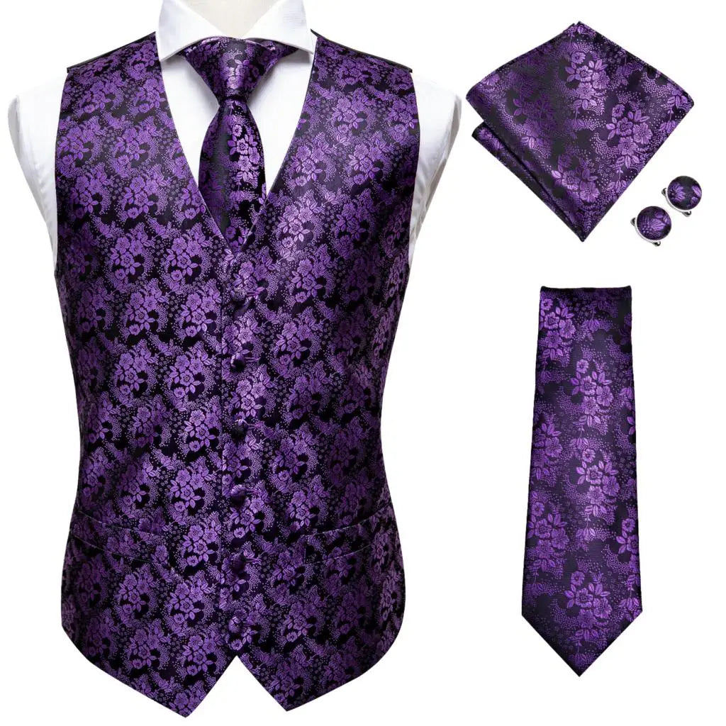 Jacquard Mens Suit Vests Gold Solid Plain 4PC Waistcoat Tie Hanky Cufflinks Set Business Wedding Dress Waist Jacket