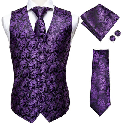 Jacquard Mens Suit Vests Gold Solid Plain 4PC Waistcoat Tie Hanky Cufflinks Set Business Wedding Dress Waist Jacket