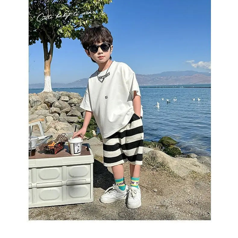 Summer Boys Cotton Leisure White T-Shirt Tops+Contrast Stripes Shorts Pant Set School Kids 2PCS Tracksuit Children Outfit 3-14Yr
