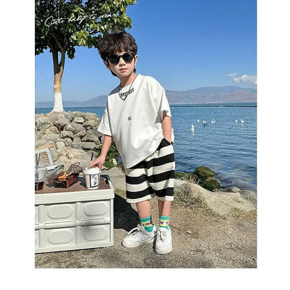 Summer Boys Cotton Leisure White T-Shirt Tops+Contrast Stripes Shorts Pant Set School Kids 2PCS Tracksuit Children Outfit 3-14Yr
