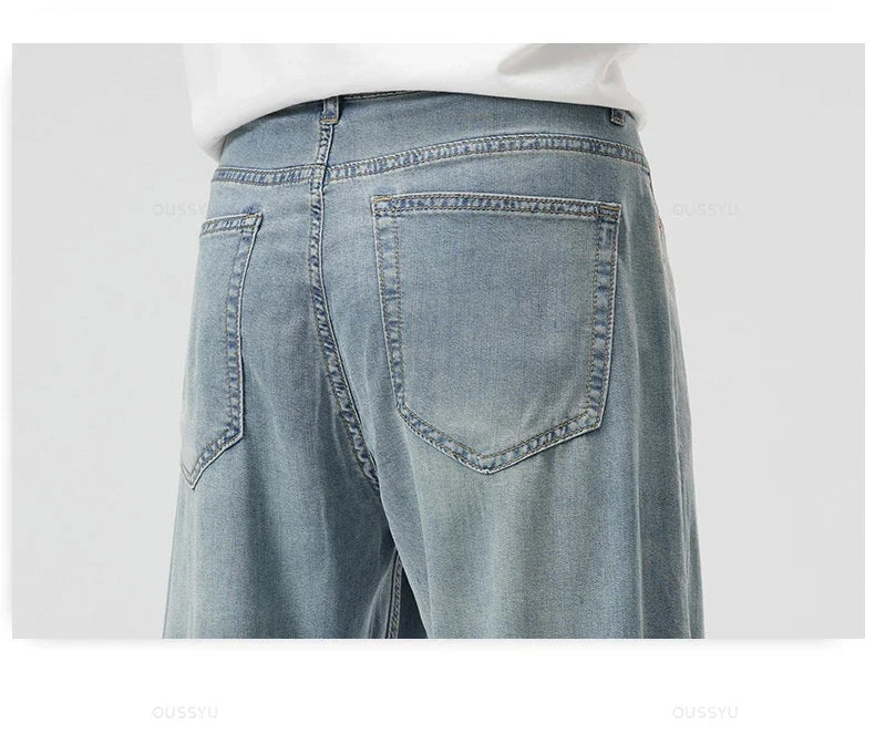New Summer Thin Soft Lyocell Fabric Men's Jeans Classic Straight Denim Pants Work Wide Leg Casual Trousers Male Big Size 40 42