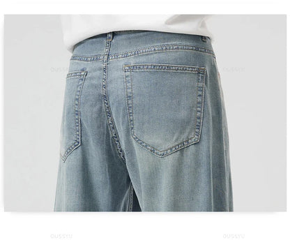 New Summer Thin Soft Lyocell Fabric Men's Jeans Classic Straight Denim Pants Work Wide Leg Casual Trousers Male Big Size 40 42