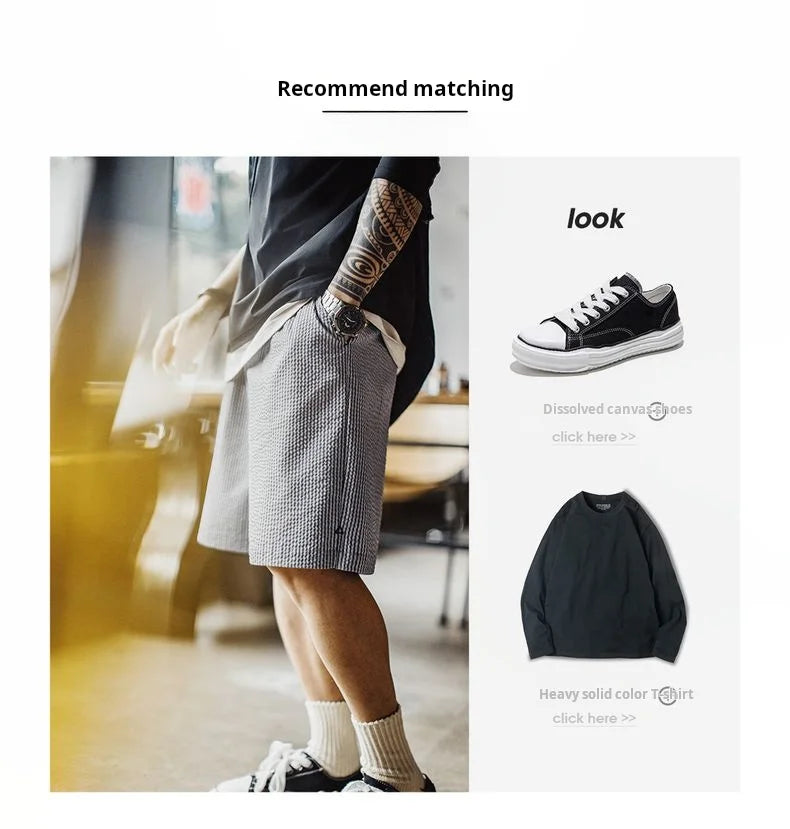 Casual Seersucker Checked Shorts Men's Summer Breathable Office Shorts Elastic Waist Pants Straight Leg Comfortable Bottom