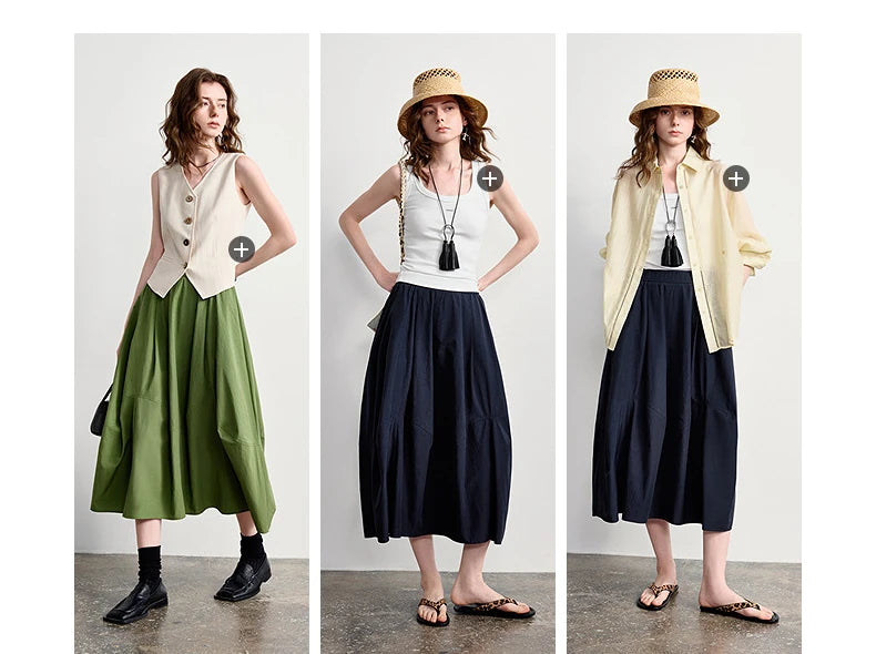 Women's A-Line Bud Skirt 2026 Summer New Split Detail Retro Puff Midi Skirt, Lightweight Outdoor Wear