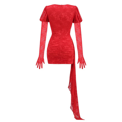 2024 New Fashion Red White Women Gloves Sexy Bodycon Mini Draped Dress Nightclub Party Bar Singer Birthday Celebrate Dress