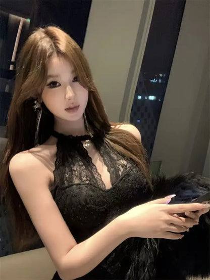 French Sexy Lace Hollow-out Halter Dress Elegant and Fashion Waist-cinching Slim-fit Bodycon Mini Skirt