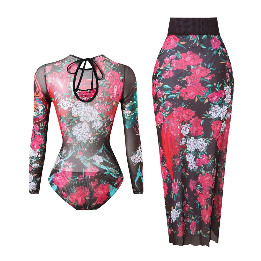 S - XXL Printed Long Sleeve With Sarong One Piece Swimsuit Women Swimwear Female Flowers Padded Bather Bathing Suit Swim V7181