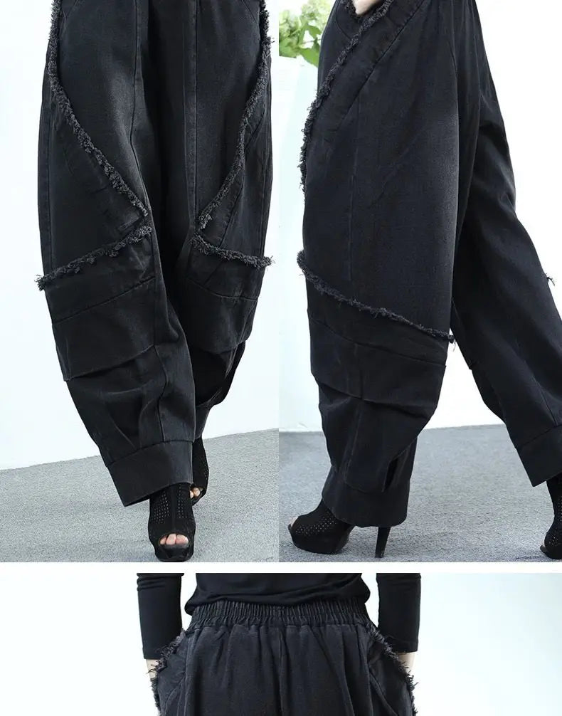 Black Wide-leg Jeans Harlan Pants Loose Fashion Casual Full Length High Waist Patchwork Print Pocket Jeans Women Clothes Spring