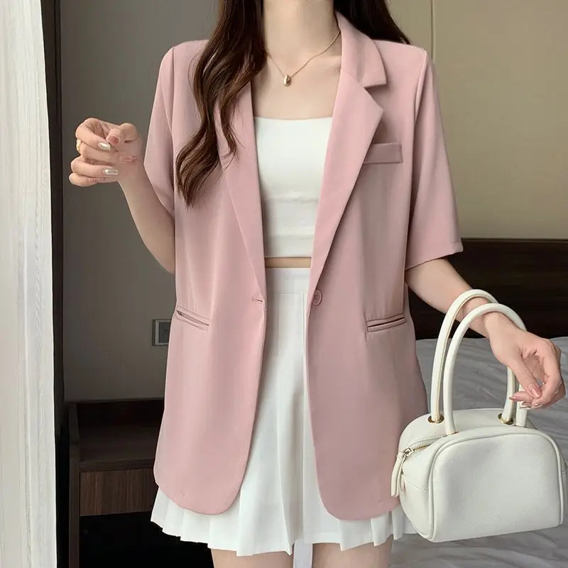 Loose Casual Thin Short Sleeve Women's Suit Jacket Summer New Style Korean Version Fashionable All-Match Lightweight Polyeste...