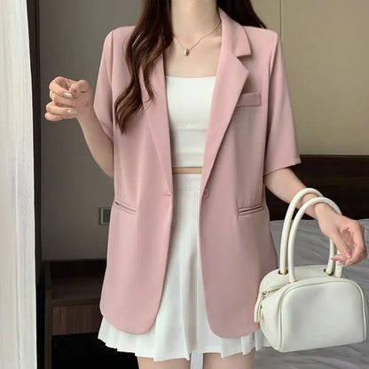 Loose Casual Thin Short Sleeve Women's Suit Jacket Summer New Style Korean Version Fashionable All-Match Lightweight Polyeste...