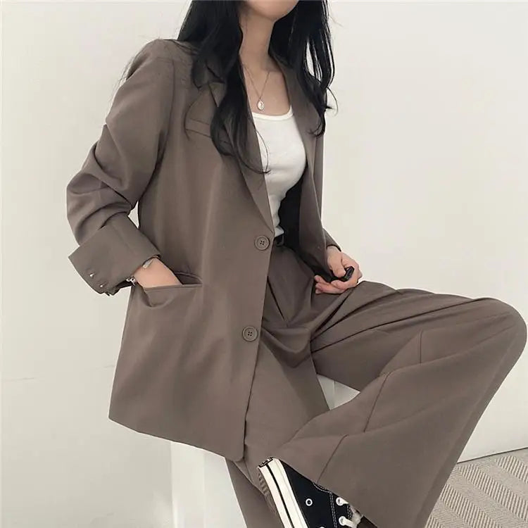 Casual Notch Lapel Suit Set with Button Thick Wide Leg Small Suit Pants High Waist Drape Polyester Business Lady Style Women