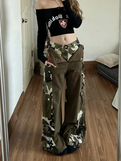 Women Brown Camouflage Patchwork Ripped Cargo Jeans Harajuku Vintage Baggy Denim Trousers Japanese 2000s Y2k Ripped Jeans Pants