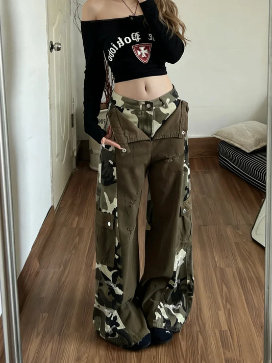 Women Brown Camouflage Patchwork Ripped Cargo Jeans Harajuku Vintage Baggy Denim Trousers Japanese 2000s Y2k Ripped Jeans Pants