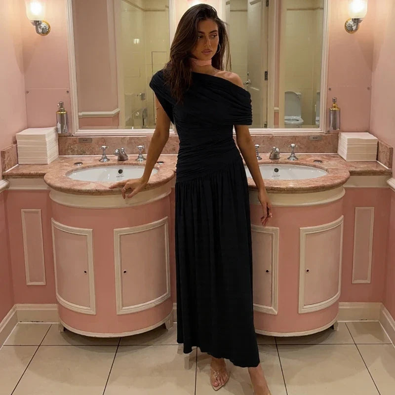 One Shoulder Ruched Sleeveless Solid Pleated Sexy Irregular Y2K Maxi Dress Summer Elegant Party Women Clothes Vacation
