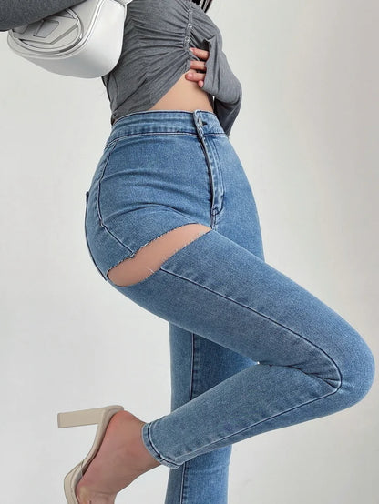American Spicy Girls Sexy Hole Jeans Slim High Waist Elastic Feet Pencil Pants Trousers Fashion Women BOF8