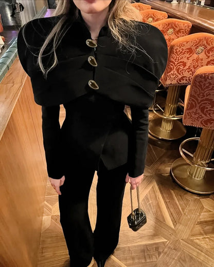 Black Elegant Blazer For Women 2025 Autumn Fashion Gold Buttons Patchwork Jacket Coat Party Vintage Commuter Suit Jacket