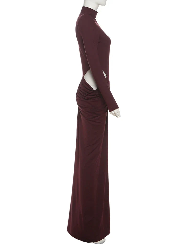Nibber Hipster Waistless Ruched Elegant Dress Woman Autumn Style Turtleneck Full Sleeve Hollow Design Prom Party Long Bodycon