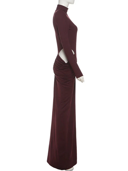 Nibber Hipster Waistless Ruched Elegant Dress Woman Autumn Style Turtleneck Full Sleeve Hollow Design Prom Party Long Bodycon