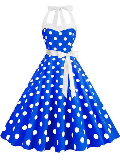 Women Summer Party Dress With Belt Polka Dot Print Halter Hepburn Robe 50s 60s Vintage Dresses