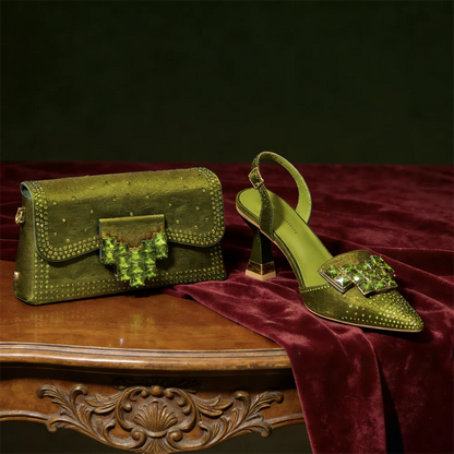 Elegant Green Rhinestone Slingback Heels & Matching Handbag Set by Venus Chan 2026 – Stylish Pointed Toe Design for Women