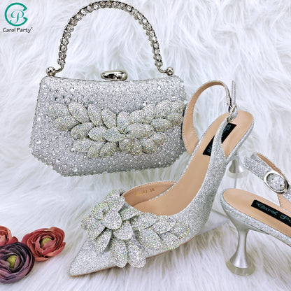 New Sky Blue Satin Handmade Flowers Shoes And Bag African Women's Banquet Pointed Toe Heels Matching Shoes And Bag Wedding Party